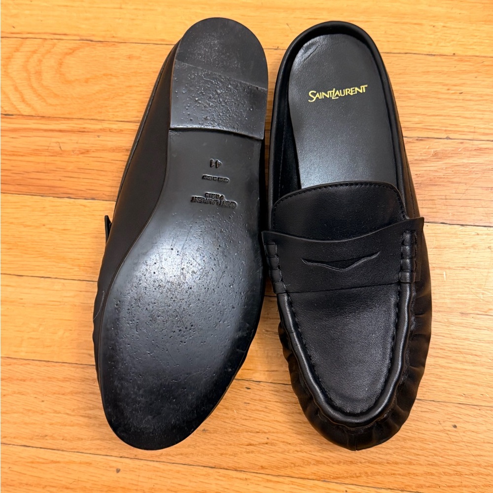 Saint Laurent Black Leather Slip-On Loafers with Gold Accent - Picture 3 of 3